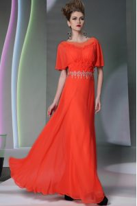 Elegant Coral Red Prom Gown Prom and Party and For with Appliques Scoop Short Sleeves Side Zipper