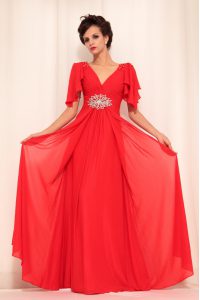 Custom Made Empire Prom Party Dress Red V-neck Chiffon Short Sleeves Floor Length Zipper