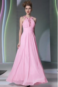 High Class Halter Top Rose Pink Sleeveless Floor Length Beading Side Zipper Prom Evening Gown
