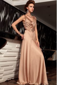 Latest Beading and Ruching Prom Dress Brown Backless Sleeveless Floor Length