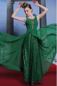 Chic Dark Green Sleeveless Beading Floor Length Dress for Prom
