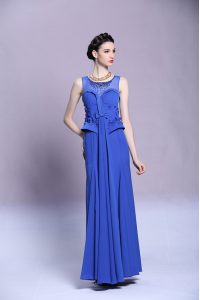 Scoop Floor Length Blue Prom Gown Chiffon Sleeveless Beading and Appliques