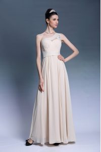 Champagne Chiffon Side Zipper One Shoulder Sleeveless Floor Length Evening Dress Beading and Ruching