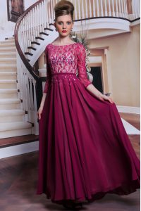Fuchsia 3 4 Length Sleeve Lace and Sequins Floor Length Prom Evening Gown