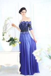 Elegant Blue Column/Sheath Chiffon Scalloped Half Sleeves Beading and Appliques Floor Length Zipper Homecoming Dress