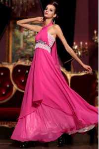 Excellent Halter Top Hot Pink Sleeveless Beading and Lace Floor Length Prom Party Dress