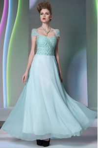 Light Blue Chiffon Side Zipper Sweetheart Cap Sleeves Floor Length Prom Party Dress Beading and Lace