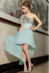 Pretty One Shoulder Sleeveless Chiffon High Low Side Zipper Homecoming Dress in Light Blue with Pleated
