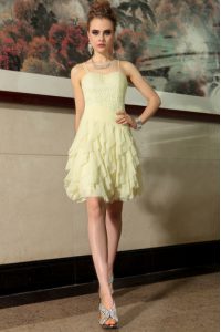 High Class Light Yellow Chiffon Side Zipper Spaghetti Straps Sleeveless Mini Length Prom Gown Ruffled Layers