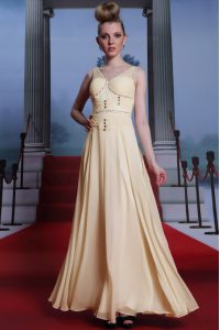 New Arrival Sleeveless Chiffon Floor Length Side Zipper Prom Dress in Light Yellow with Beading and Ruching