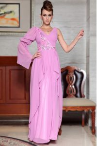 Popular Lilac Column/Sheath Chiffon V-neck Long Sleeves Beading and Ruching and Pattern Ankle Length Side Zipper Prom Go
