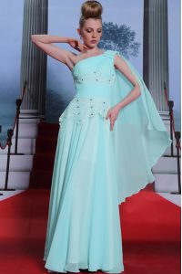 One Shoulder Floor Length Side Zipper Prom Party Dress Turquoise for Prom and Party with Lace and Ruching