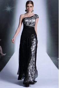 One Shoulder Tulle and Lace Sleeveless Floor Length Prom Dress and Embroidery