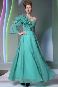 Dramatic One Shoulder Floor Length Empire Long Sleeves Turquoise Dress for Prom Zipper