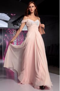Pink Empire Spaghetti Straps Short Sleeves Chiffon Floor Length Backless Beading and Ruching Prom Gown