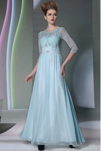 Scoop Light Blue Column/Sheath Beading Prom Gown Zipper Chiffon Half Sleeves Ankle Length