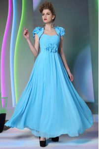 Dazzling Floor Length Baby Blue Dress for Prom Chiffon Cap Sleeves Beading and Hand Made Flower