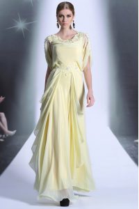 Noble Scoop Light Yellow Empire Lace and Ruffles Prom Dress Zipper Organza Short Sleeves Floor Length