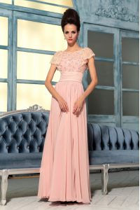 Colorful Pink Cap Sleeves Lace and Hand Made Flower Floor Length Dress for Prom