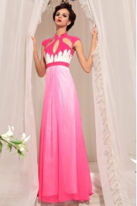 Hot Pink Empire Chiffon High-neck Sleeveless Beading Floor Length Zipper Prom Evening Gown