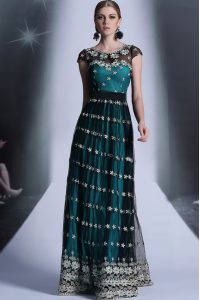 Custom Design Pleated Empire Prom Party Dress Teal Scoop Organza Cap Sleeves Floor Length Side Zipper