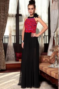Eye-catching Red And Black Side Zipper Scoop Ruching and Hand Made Flower Prom Party Dress Chiffon Sleeveless
