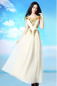 White Column/Sheath Scoop Cap Sleeves Chiffon Ankle Length Side Zipper Sequins and Ruching Homecoming Dress