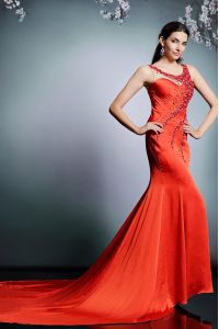 Scoop Coral Red Empire Beading Homecoming Dress Side Zipper Satin Sleeveless