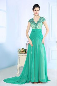 Fashionable Turquoise Cap Sleeves Brush Train Beading and Lace and Ruching With Train Prom Evening Gown