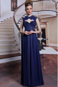 Floor Length Zipper Evening Dress Navy Blue for Prom and Party with Beading