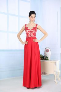Ideal Coral Red Zipper Straps Lace Dress for Prom Chiffon Sleeveless
