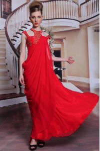 Ideal Scoop Floor Length Red Prom Dresses Chiffon Sleeveless Beading and Appliques