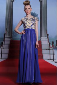 Modern Scoop Cap Sleeves Floor Length Embroidery and Sequins Zipper Prom Dresses with Royal Blue