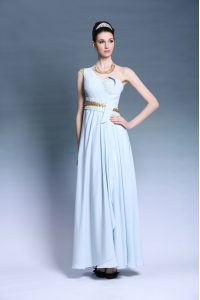 Trendy Light Blue Evening Dress Prom and Party and For with Ruching and Belt One Shoulder Sleeveless Backless