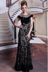 Romantic Scoop Black Cap Sleeves Beading and Lace and Hand Made Flower Floor Length Dress for Prom