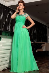 Scoop Green Chiffon Side Zipper Prom Dresses Sleeveless Floor Length Beading and Ruching