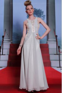 Modest Silver Column/Sheath Chiffon Scoop Sleeveless Beading and Appliques and Ruching Floor Length Side Zipper Prom Dre