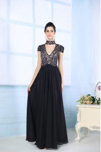Black High-neck Neckline Beading and Lace Prom Gown Short Sleeves Zipper