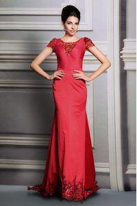 Smart Red Empire Scoop Short Sleeves Satin Court Train Clasp Handle Appliques Prom Evening Gown