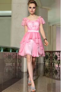 Amazing Rose Pink Chiffon Side Zipper Homecoming Dress Cap Sleeves Mini Length Belt