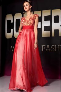 Short Sleeves Floor Length Appliques and Belt Side Zipper Prom Evening Gown with Red
