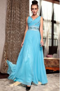 Baby Blue Prom Dresses Prom and Party and For with Beading and Appliques and Ruching V-neck Sleeveless Side Zipper