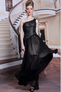 One Shoulder Black Sleeveless Chiffon Side Zipper for Prom and Party