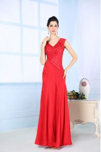 Red Side Zipper Prom Dress Beading Sleeveless Floor Length
