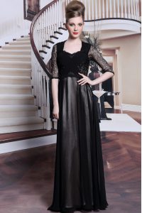 Beautiful Black V-neck Zipper Lace and Pleated Prom Evening Gown Half Sleeves