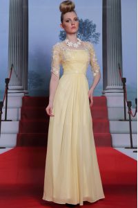 Latest Light Yellow Spaghetti Straps Neckline Lace and Ruching Prom Dresses Half Sleeves Zipper