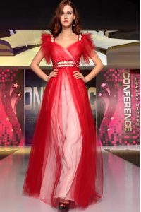 Extravagant Beading Prom Party Dress Red Zipper Sleeveless Floor Length