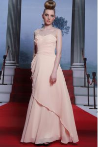 Suitable One Shoulder Baby Pink Side Zipper Prom Evening Gown Appliques and Ruching Long Sleeves Floor Length