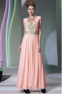 Pink Cap Sleeves Embroidery and Ruching Ankle Length Dress for Prom