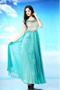 Super Scoop Turquoise Sleeveless Pleated Floor Length Prom Gown
